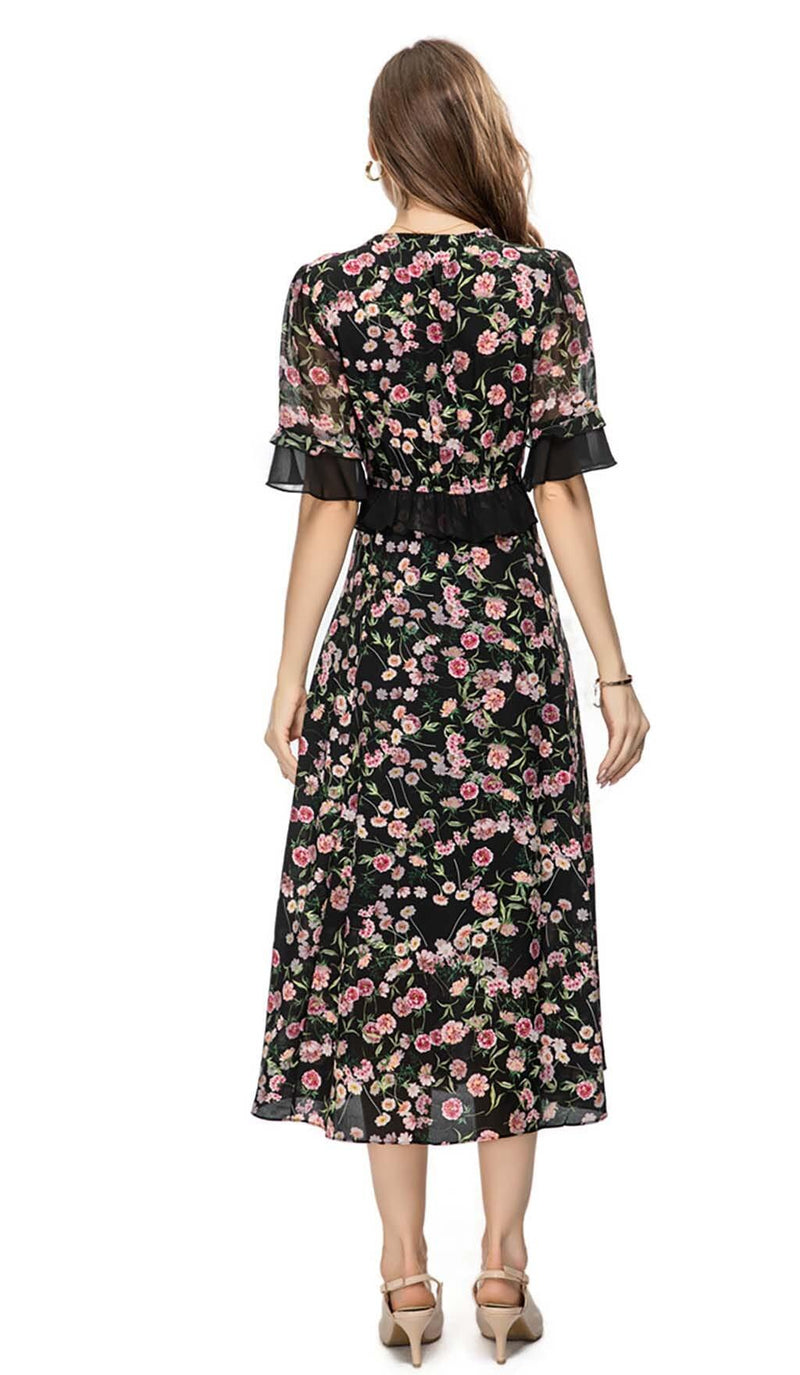 FLORAL PRINT RUFFLE MIDI DRESS IN MULTI-COLOR