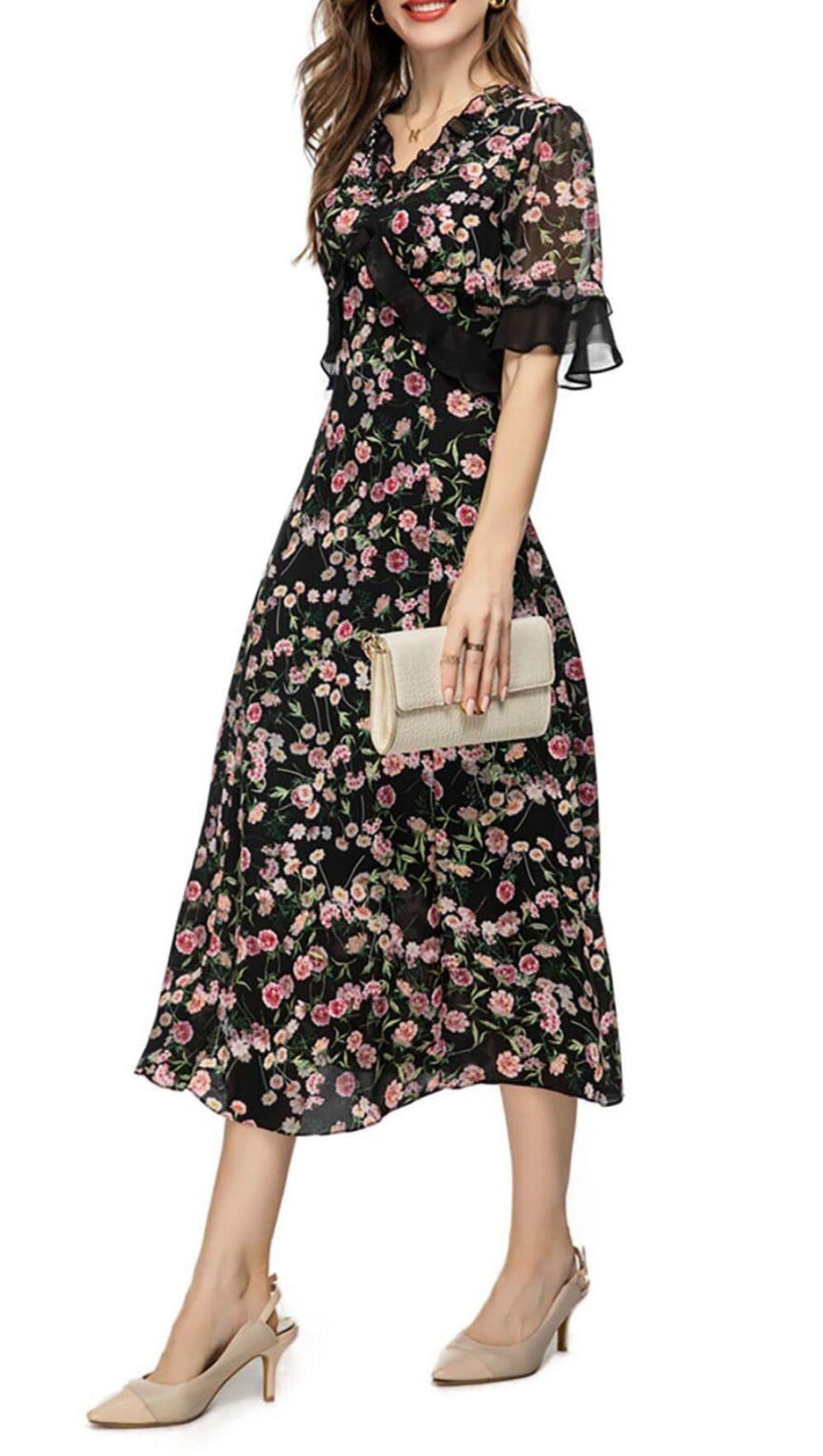 FLORAL PRINT RUFFLE MIDI DRESS IN MULTI-COLOR