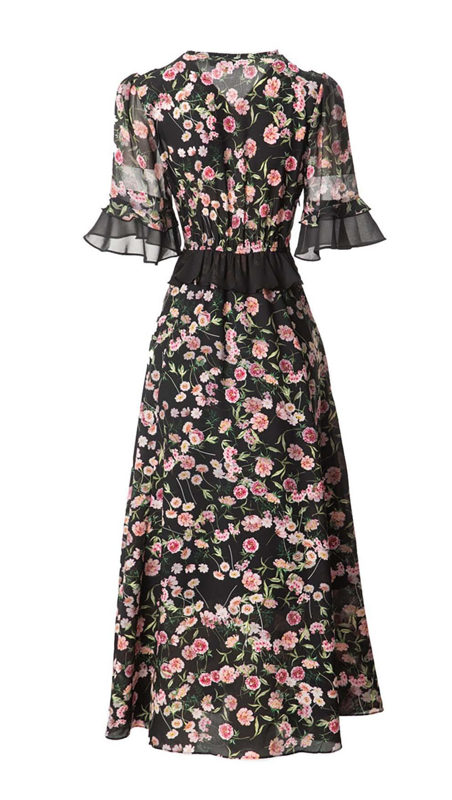 FLORAL PRINT RUFFLE MIDI DRESS IN MULTI-COLOR