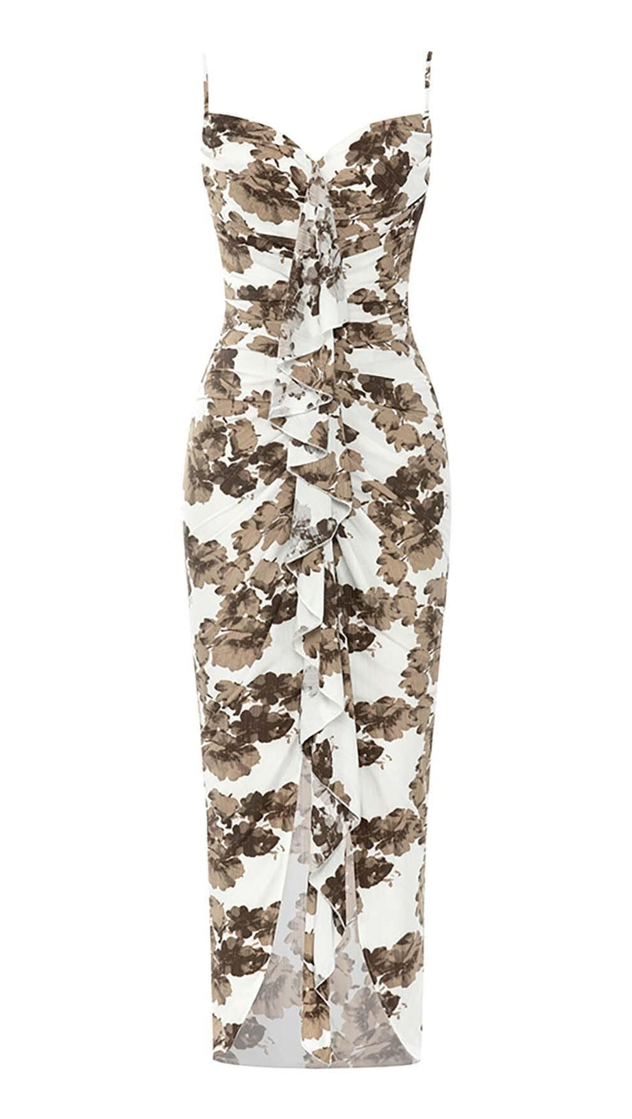 FLORAL RUFFLE MIDI DRESS IN WHITE