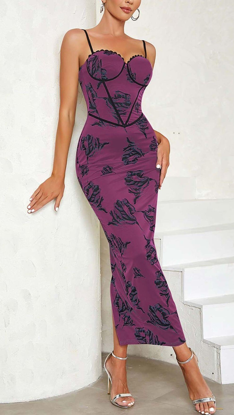 ABITO MIDI CON CORSETTO E SPALLINE FLOREALI