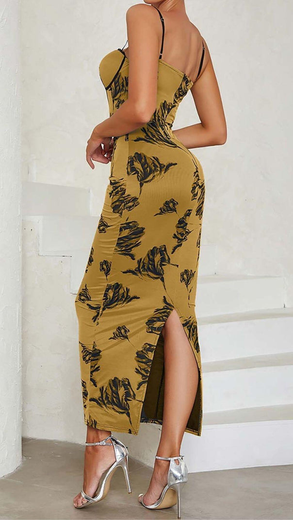 ABITO MIDI CON CORSETTO E SPALLINE FLOREALI