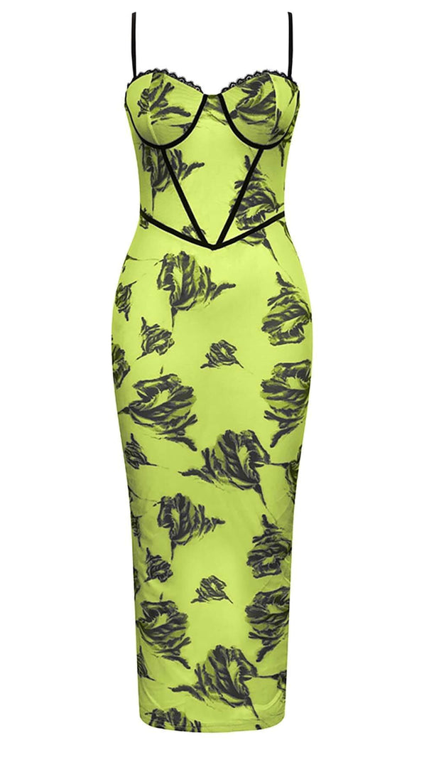 ABITO MIDI CON CORSETTO E SPALLINE FLOREALI