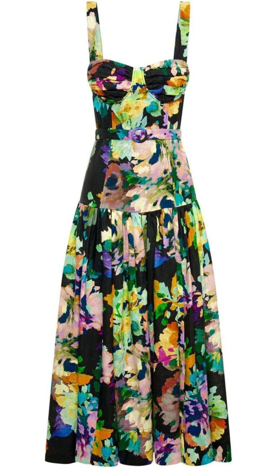 ABITO MIDI CON SPALLINE FLOREALI IN NERO MARTOS