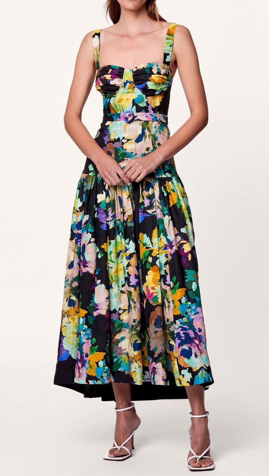 ABITO MIDI CON SPALLINE FLOREALI IN NERO MARTOS