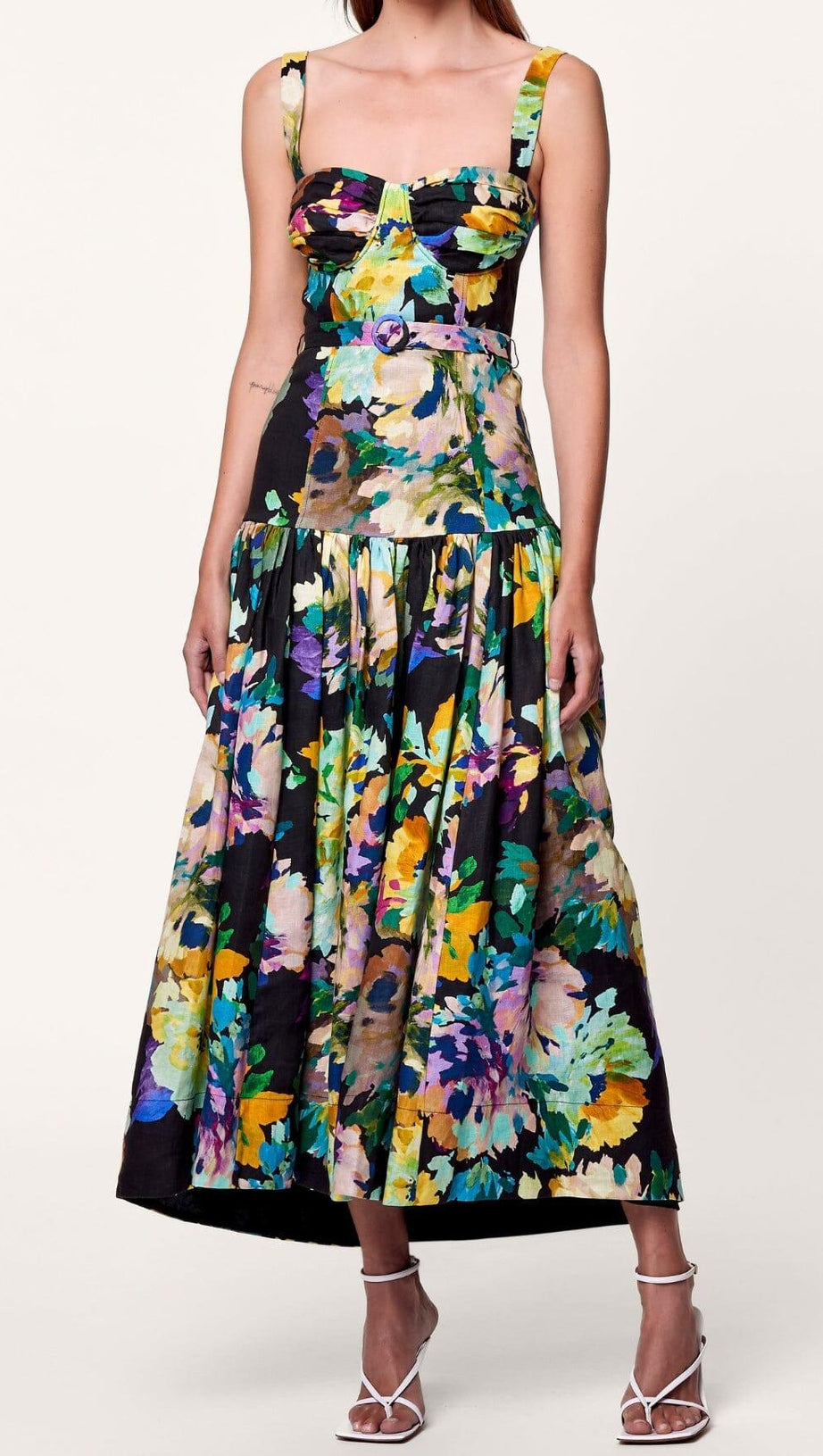 ABITO MIDI CON SPALLINE FLOREALI IN NERO MARTOS