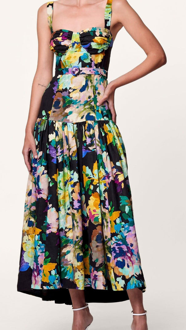 AIIZIE FLORAL STRAPPY MIDI DRESS IN MARTOS BLACK - product image