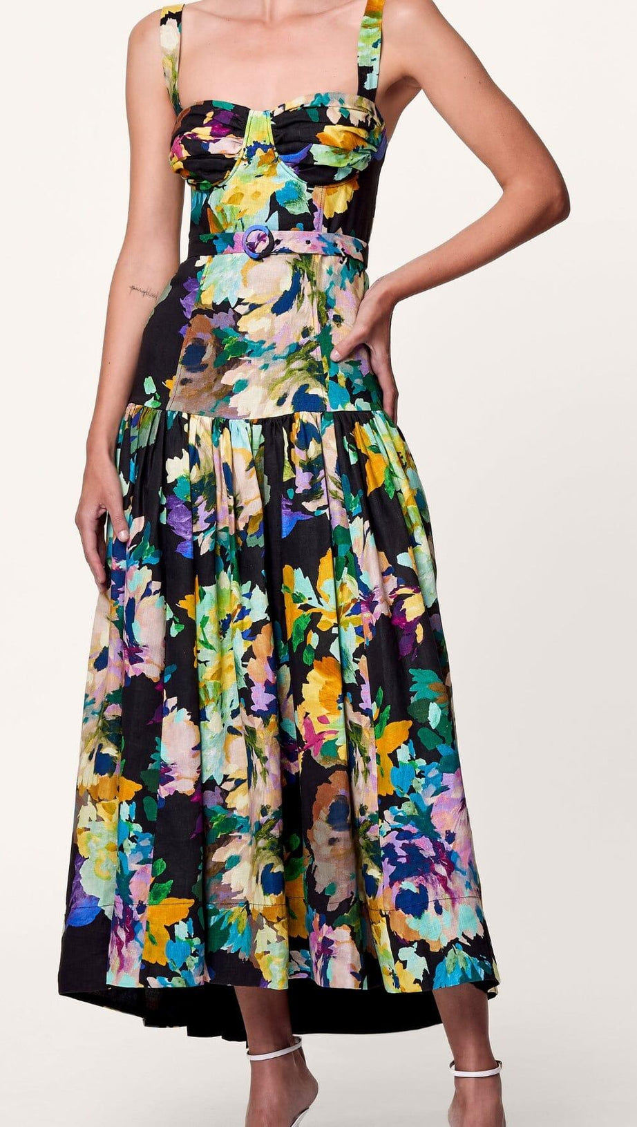 ABITO MIDI CON SPALLINE FLOREALI IN NERO MARTOS