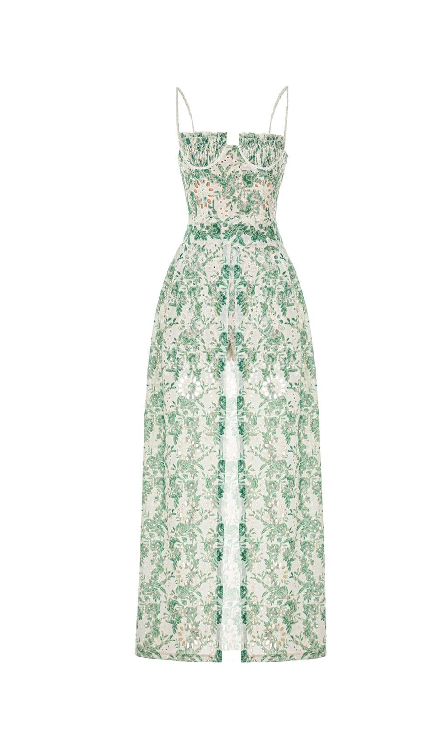 MIDIKLEID MIT BLUMENMUSTER UND OBERSCHENKELSCHLITZ IN GRÜN
