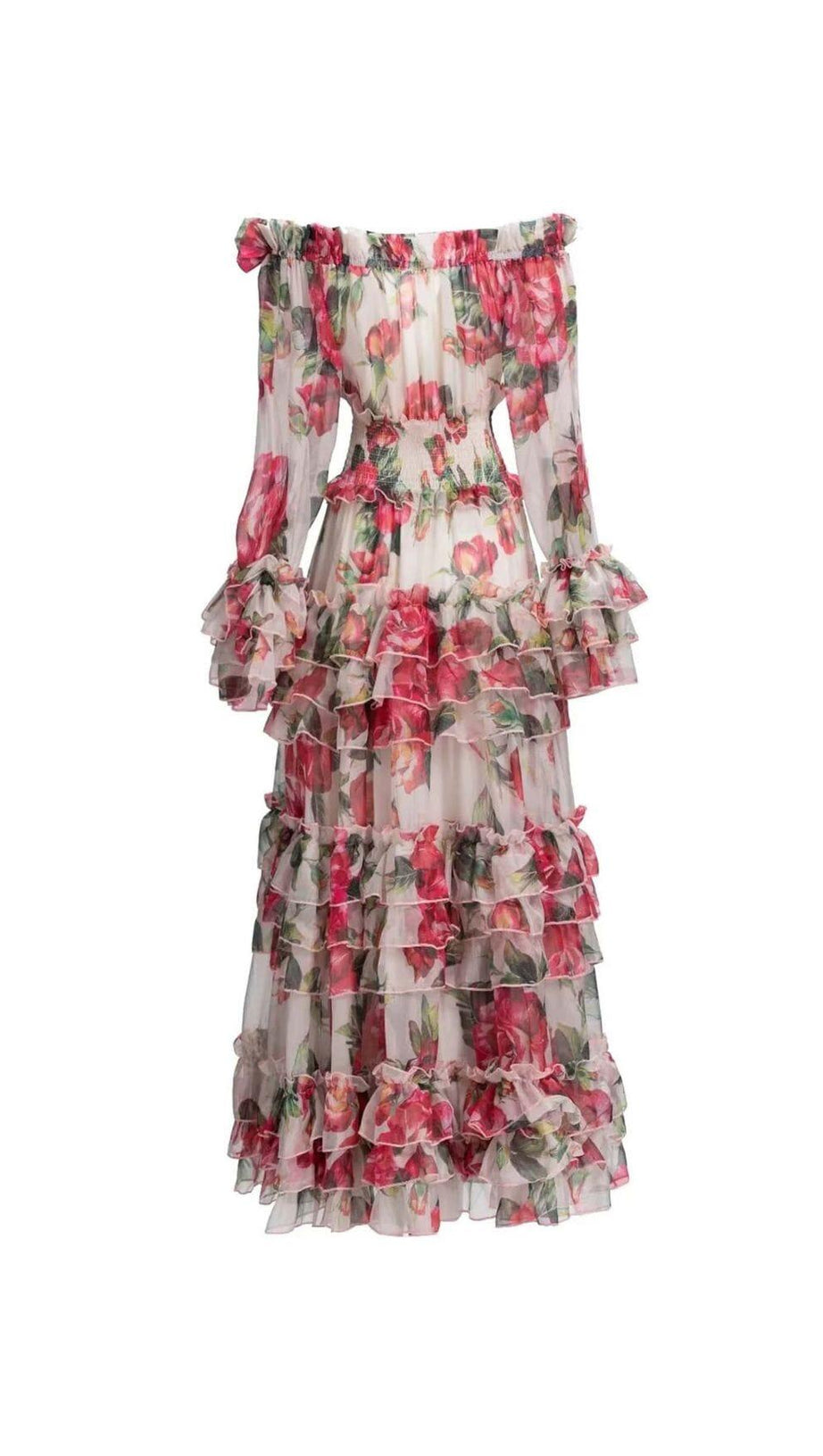 FLORAL TIERED MIDI DRESS IN PINK