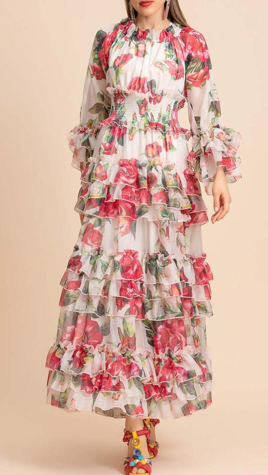 ABITO MIDI A FALDE FLOREALI ROSA