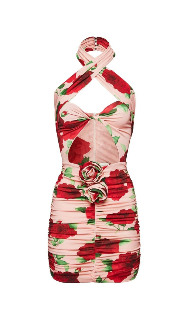 AIIZIE FLORAL- PRINT HALTER MINI DRESS IN CHERRY BLOSSOM - product image