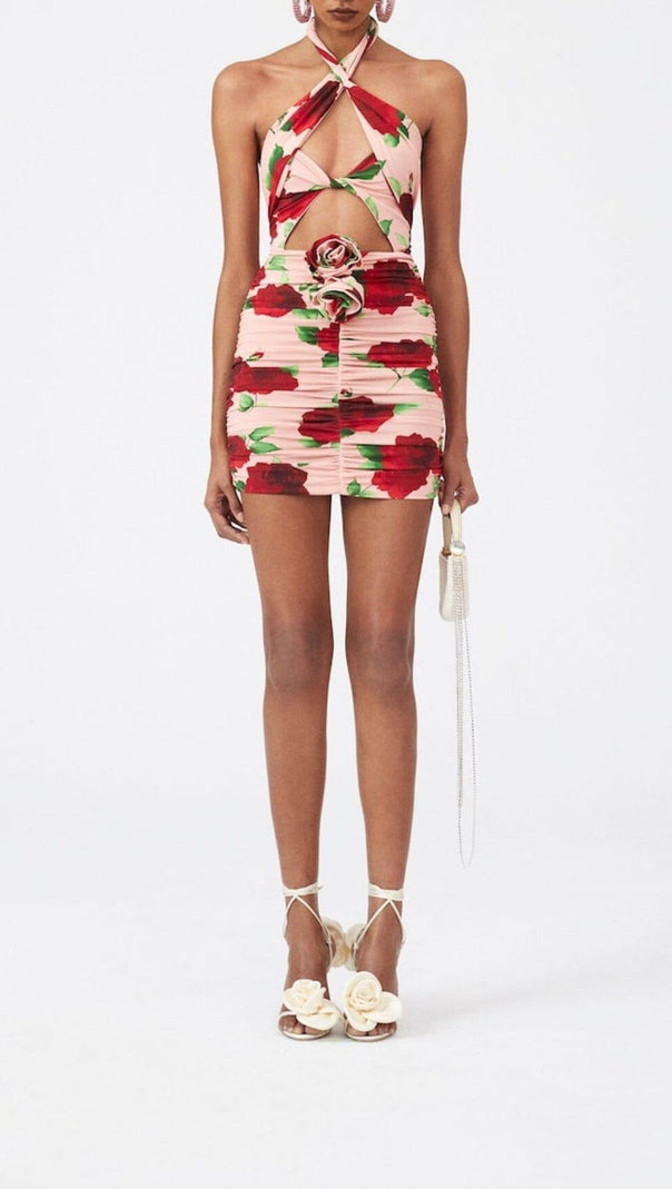 AIIZIE FLORAL- PRINT HALTER MINI DRESS IN CHERRY BLOSSOM - product image