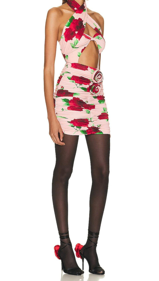 AIIZIE FLORAL- PRINT HALTER MINI DRESS IN CHERRY BLOSSOM - product image