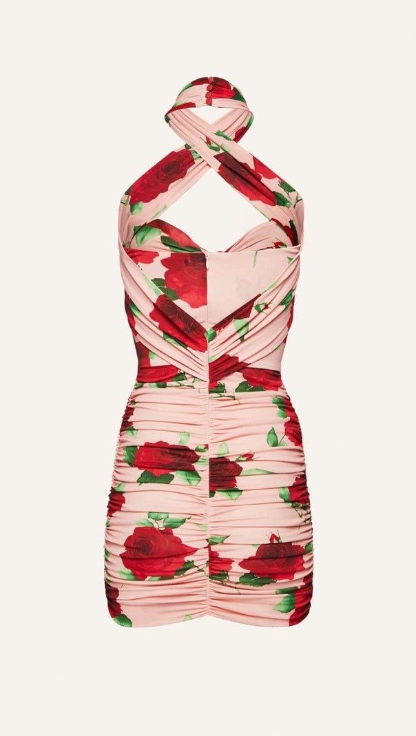 AIIZIE FLORAL- PRINT HALTER MINI DRESS IN CHERRY BLOSSOM - product image