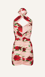 FLORAL- PRINT HALTER MINI DRESS IN CHERRY BLOSSOM