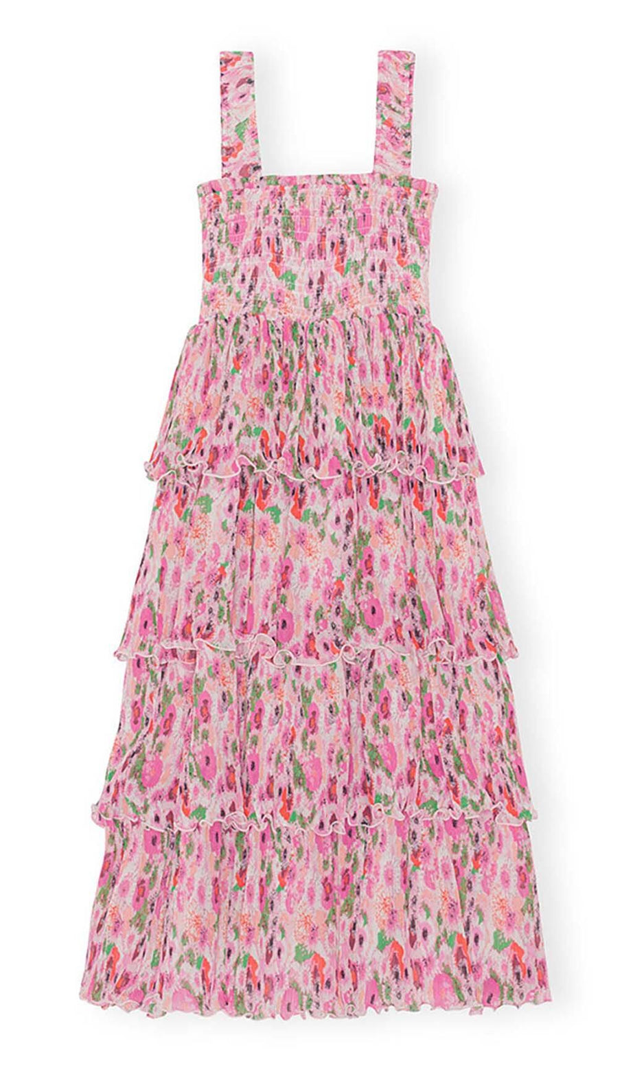 STUFEN-MIDIKLEID MIT BLUMENAPPLIKATIONEN IN PINK