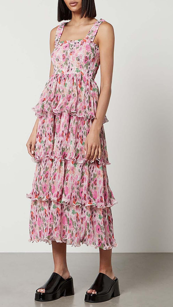 AIIZIE FLORAL-APPLIQUÉ TIERED MIDI DRESS IN PINK - product image
