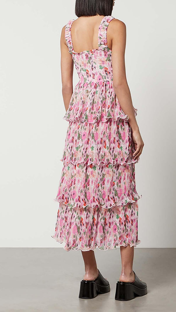 AIIZIE FLORAL-APPLIQUÉ TIERED MIDI DRESS IN PINK - product image