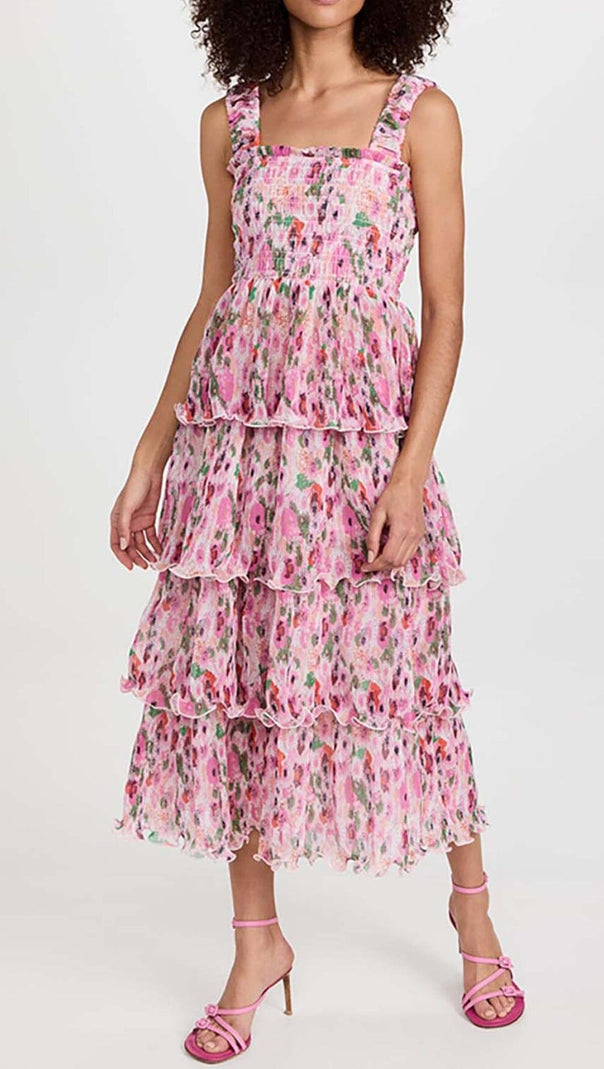 AIIZIE FLORAL-APPLIQUÉ TIERED MIDI DRESS IN PINK - product image