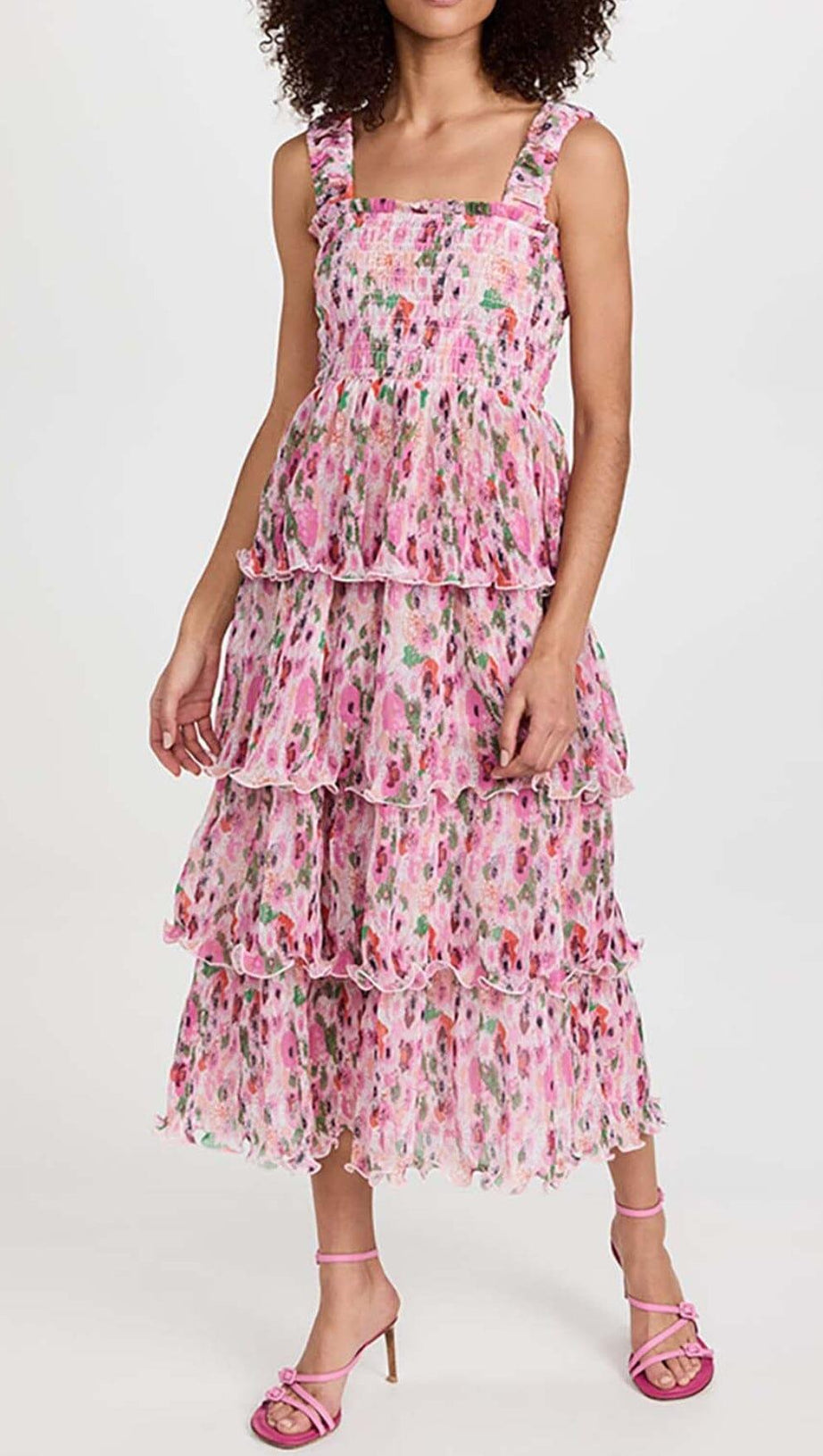 ABITO MIDI A STRISCE CON APPLICAZIONI FLOREALI ROSA