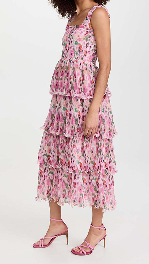 AIIZIE FLORAL-APPLIQUÉ TIERED MIDI DRESS IN PINK - product image