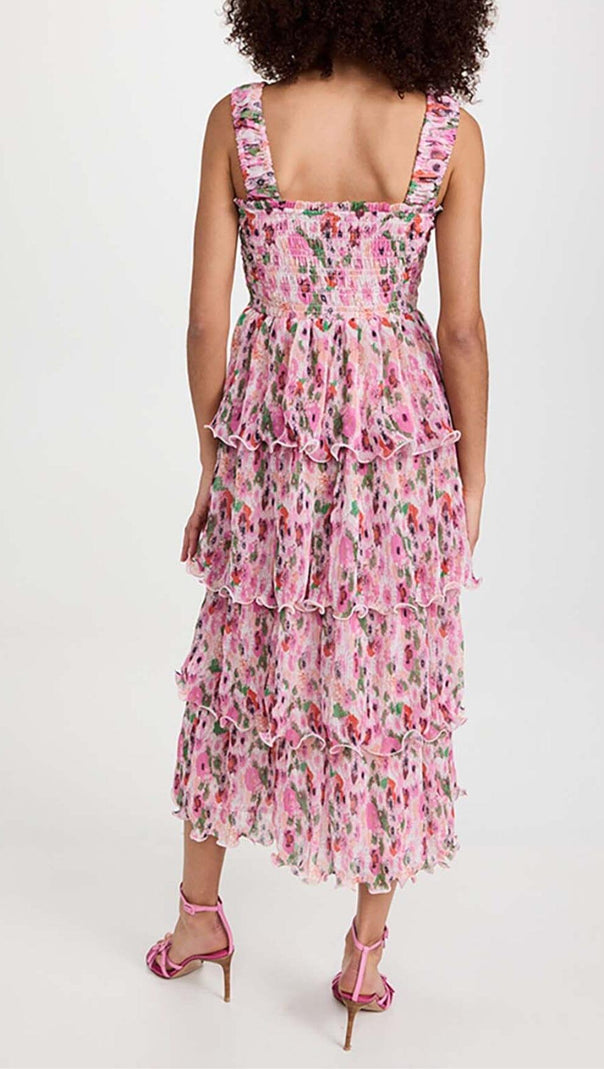 AIIZIE FLORAL-APPLIQUÉ TIERED MIDI DRESS IN PINK - product image