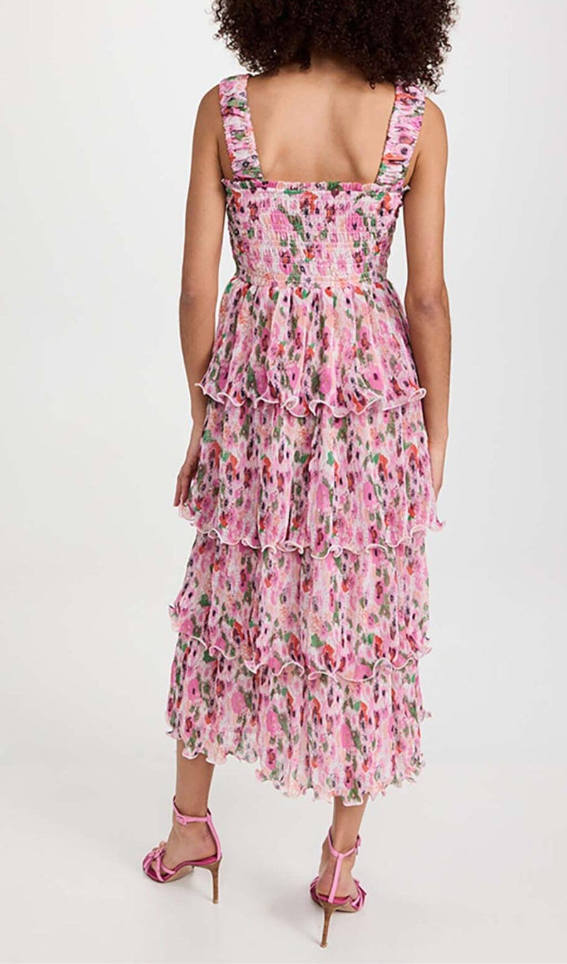 FLORAL-APPLIQUÉ TIERED MIDI DRESS IN PINK