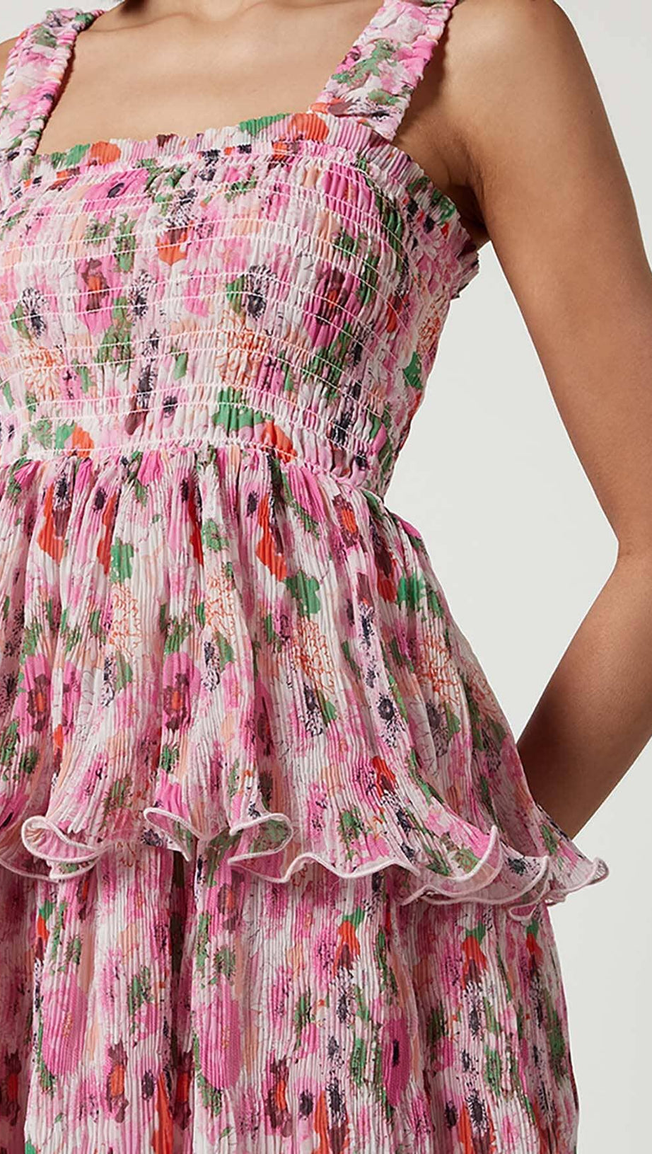 ABITO MIDI A STRISCE CON APPLICAZIONI FLOREALI ROSA