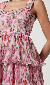 FLORAL-APPLIQUÉ TIERED MIDI DRESS IN PINK