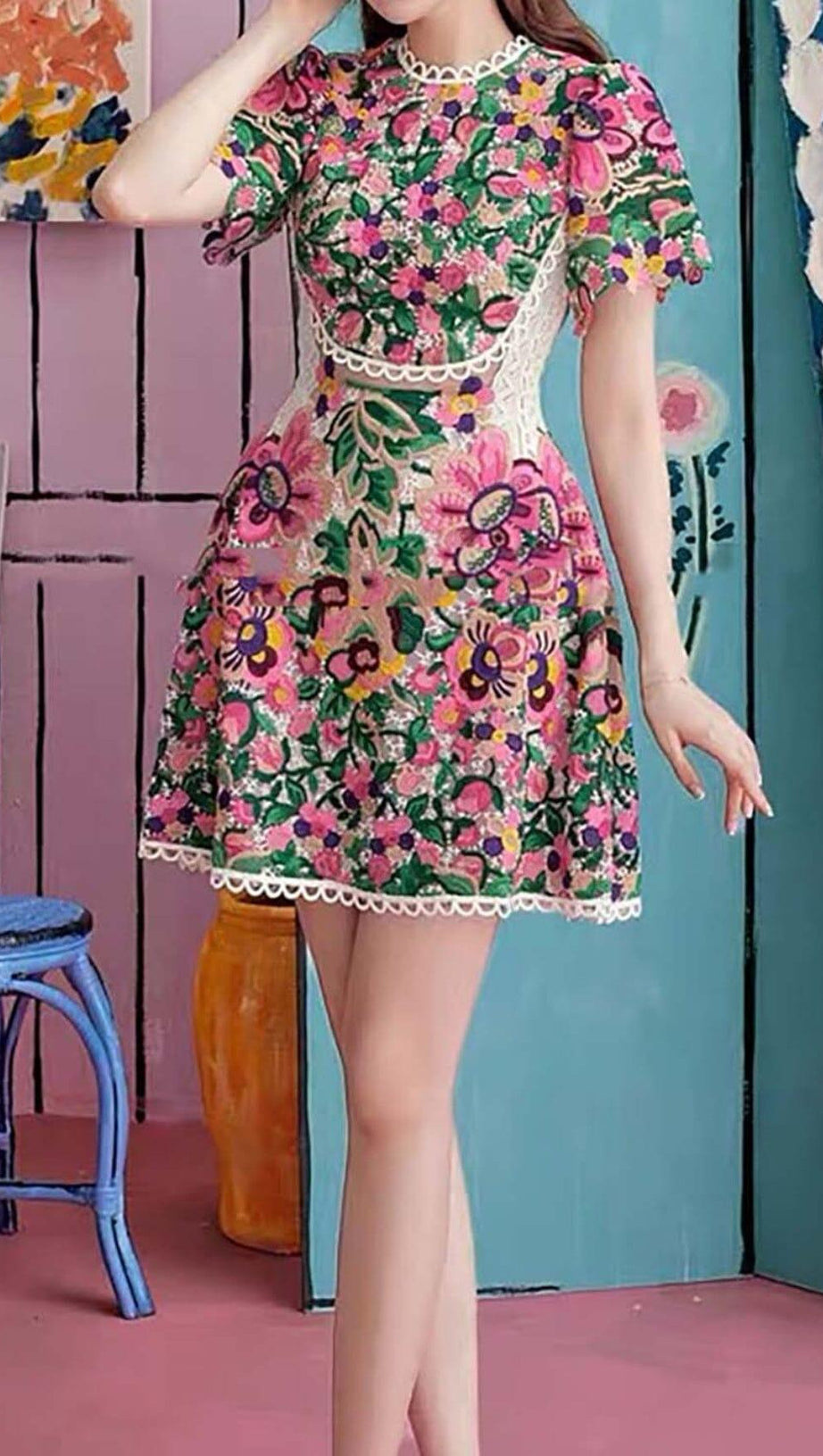 FLORAL-EMBROIDERED LACE DRESS IN LIPSTICK