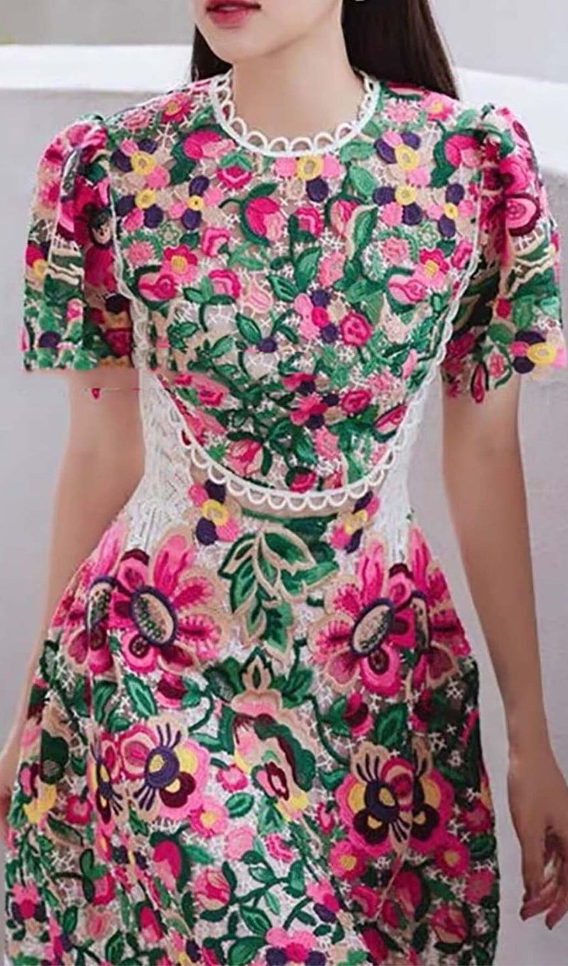 FLORAL-EMBROIDERED LACE DRESS IN LIPSTICK