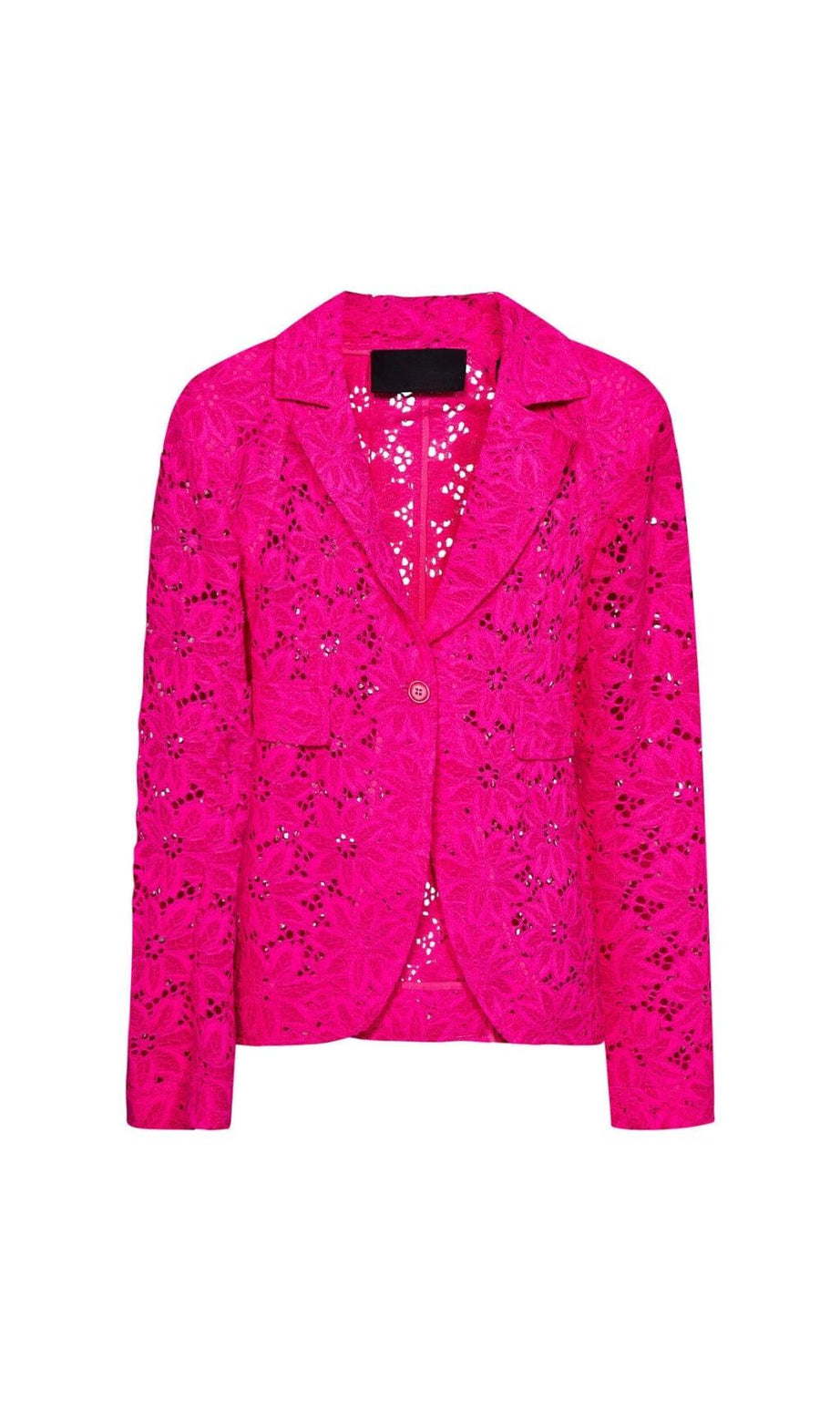 Zweiteiliger Anzug aus Spitze mit Blumenstickerei in Pink