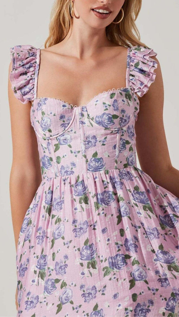 AIIZIE FLORAL-PRINT CORSET MIDI DRESS IN BLUSH OF A ROSE - product image