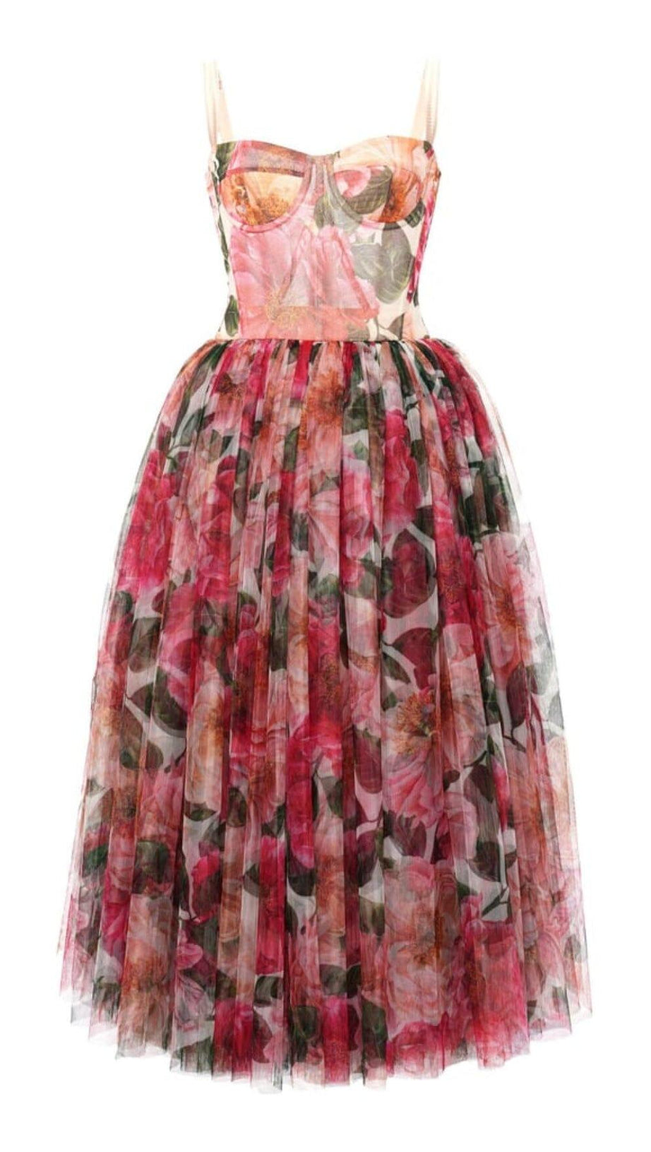 FLORAL-PRINT CORSET MIDI DRESS IN PINK