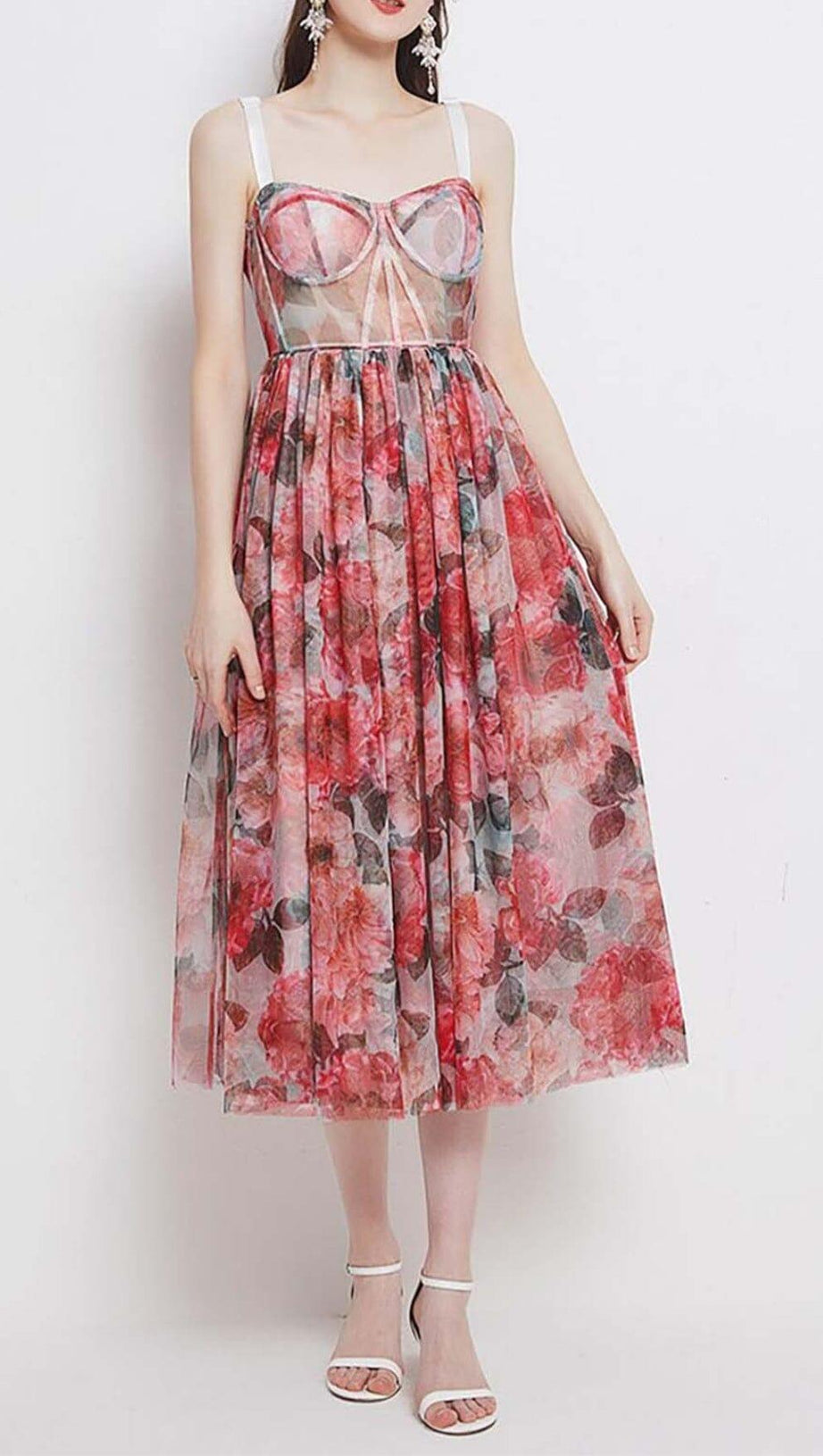 FLORAL-PRINT CORSET MIDI DRESS IN PINK
