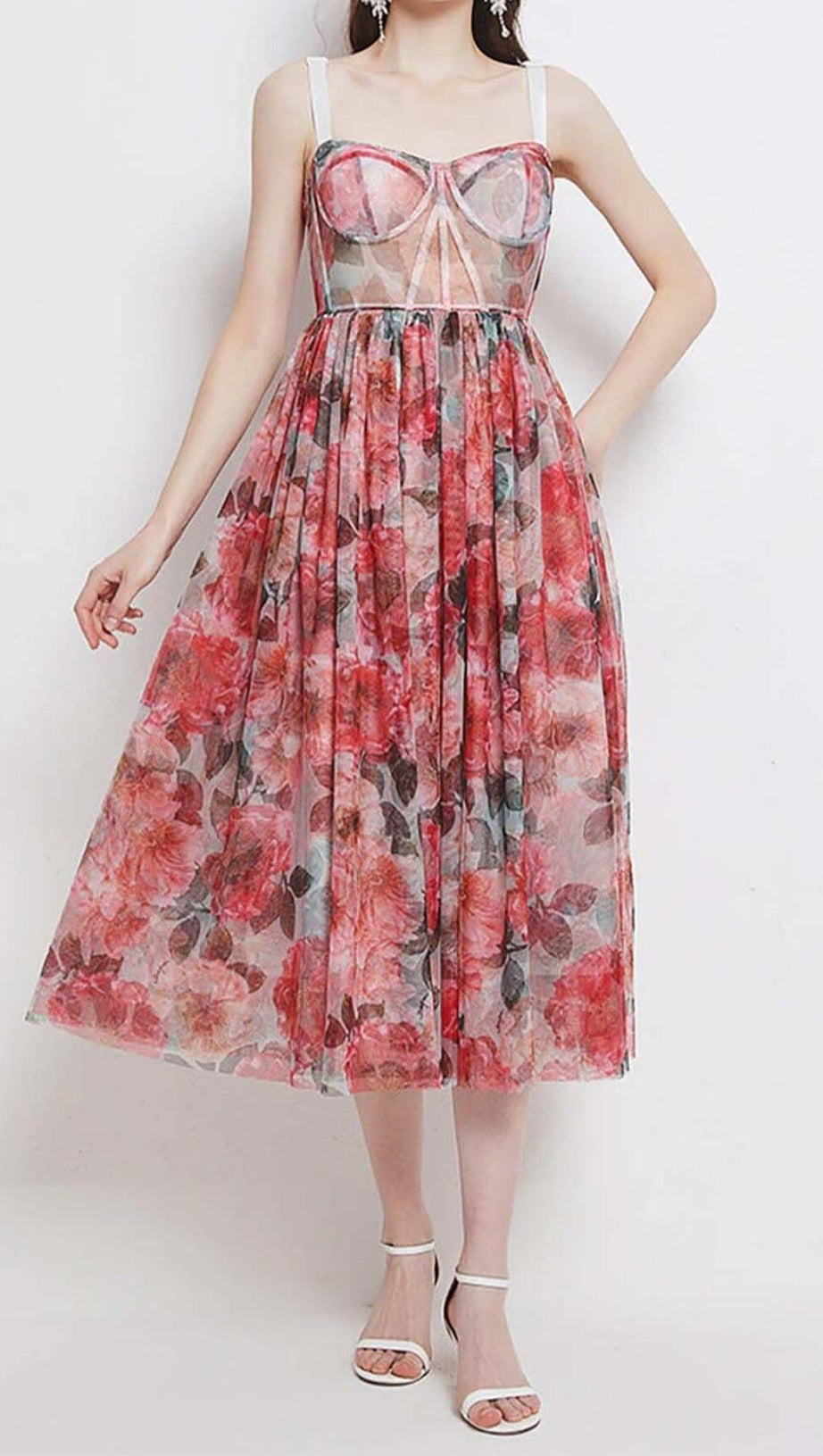 FLORAL-PRINT CORSET MIDI DRESS IN PINK