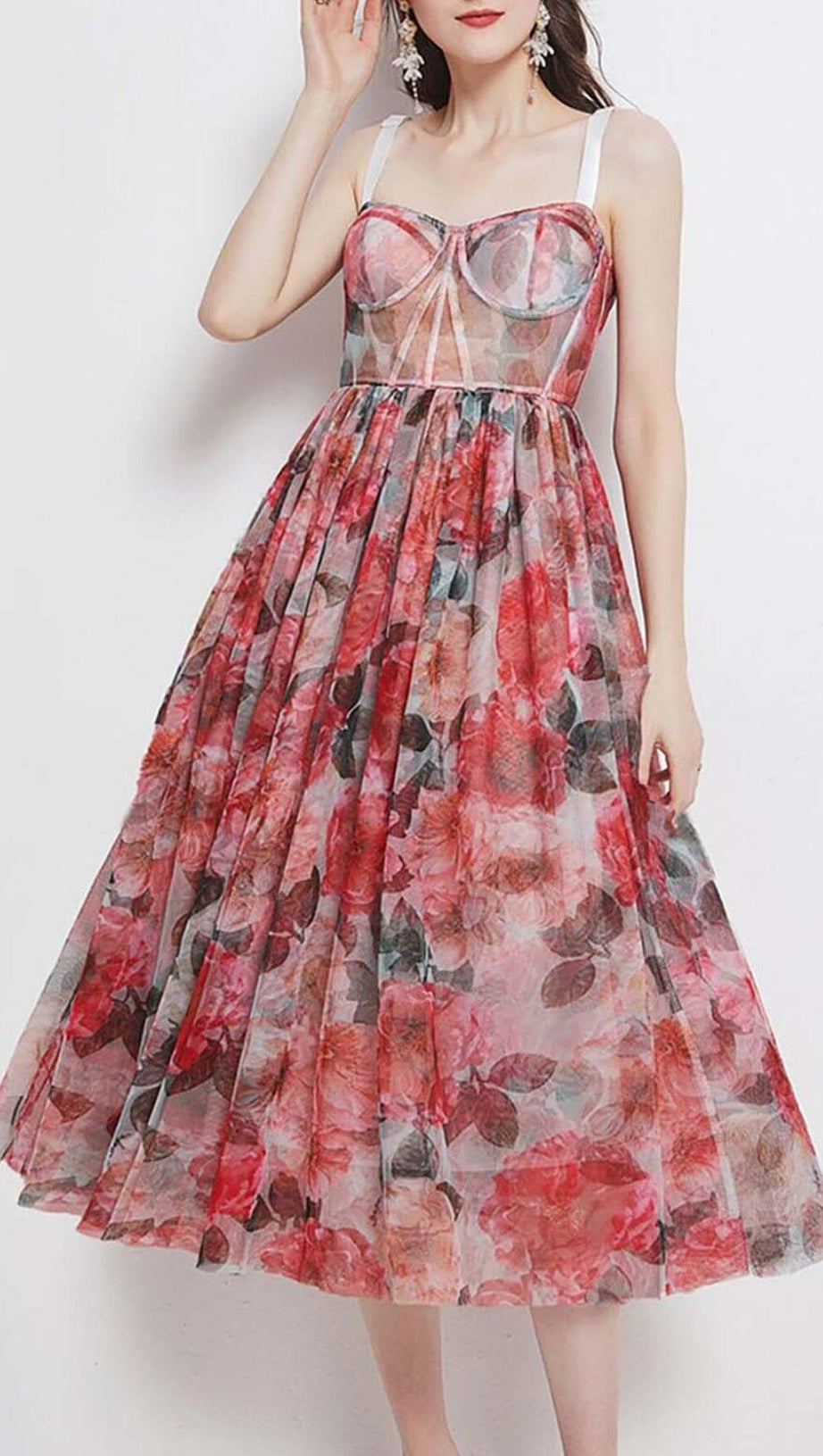 FLORAL-PRINT CORSET MIDI DRESS IN PINK