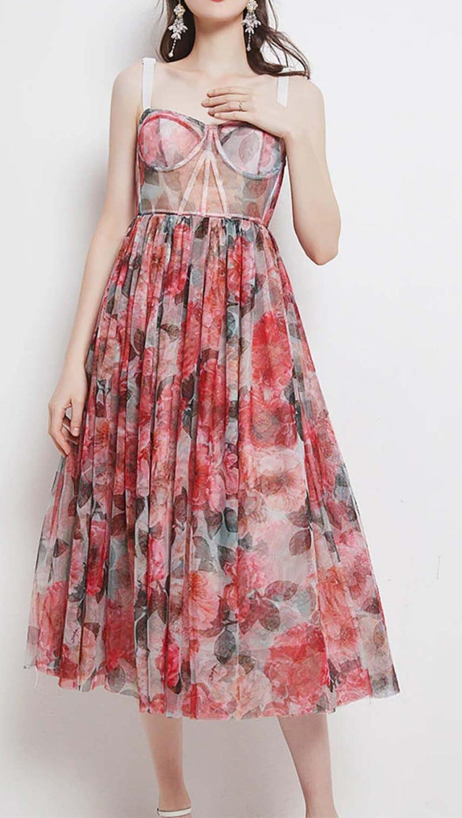 FLORAL-PRINT CORSET MIDI DRESS IN PINK
