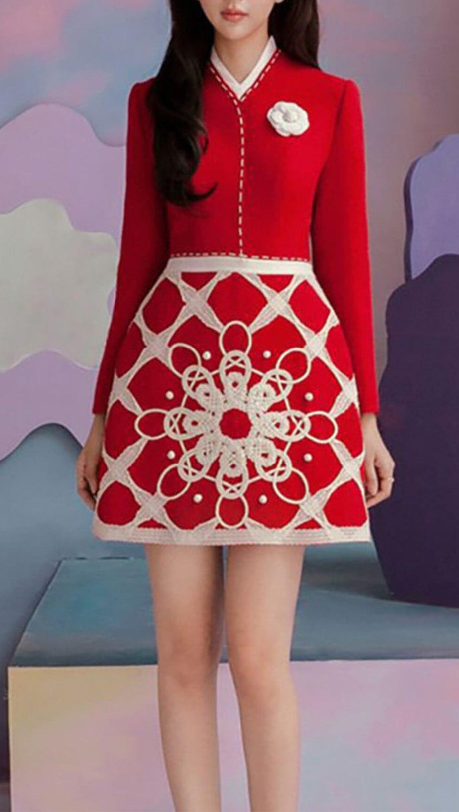 STAND COLLAR LONG SLEEVE HIGH WAIST PATCHWORK EMBROIDERY MINI DRESS