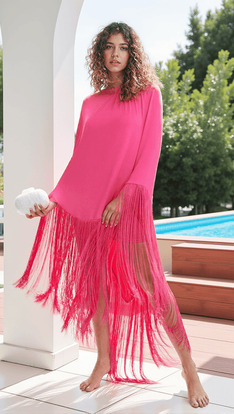CERIDWEN FRINGE MINI DRESS IN HOT PINK