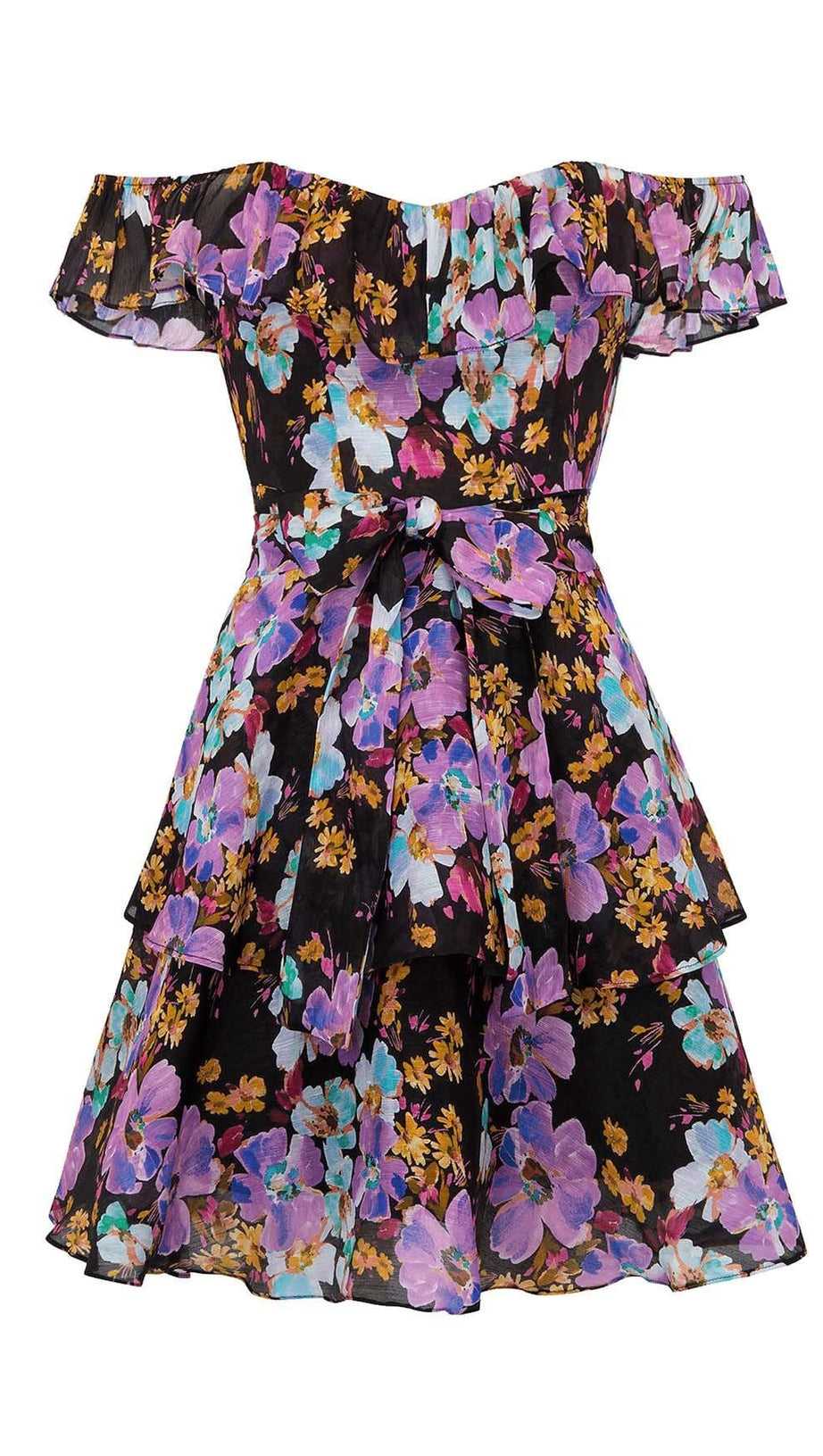 FLORAL-PRINT OFF-SHOULDER MINI DRESS IN PURPLE
