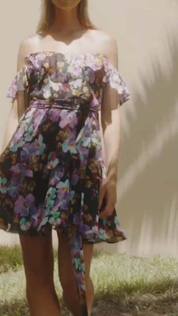 AIIZIE FLORAL-PRINT OFF-SHOULDER MINI DRESS IN PURPLE - product image