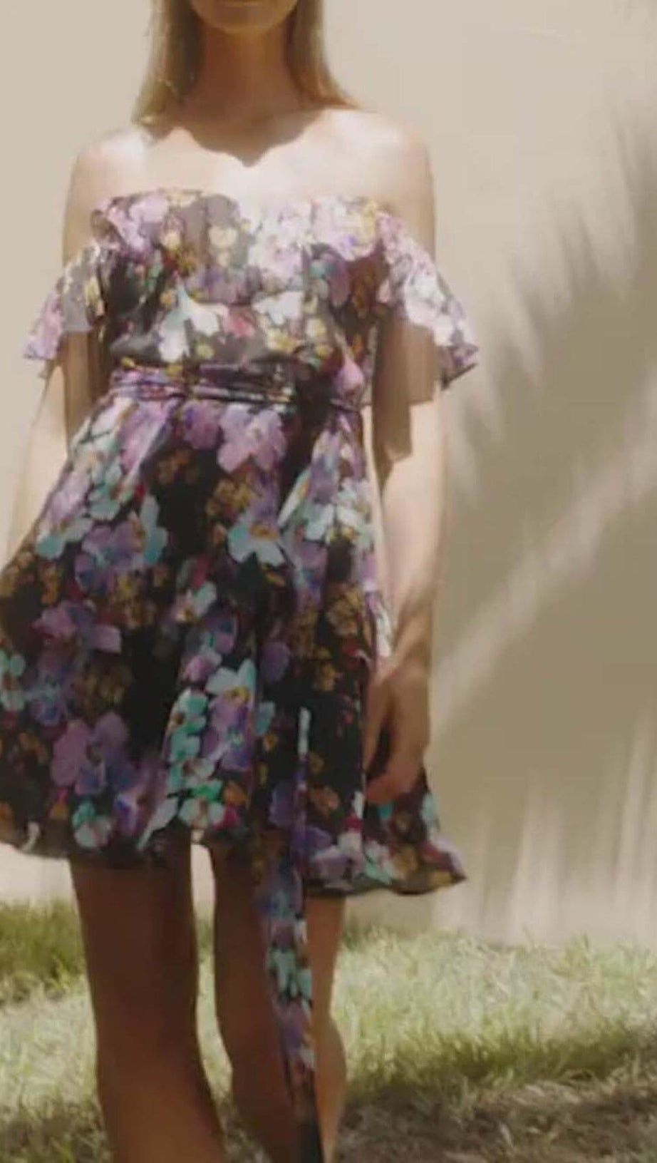 FLORAL-PRINT OFF-SHOULDER MINI DRESS IN PURPLE