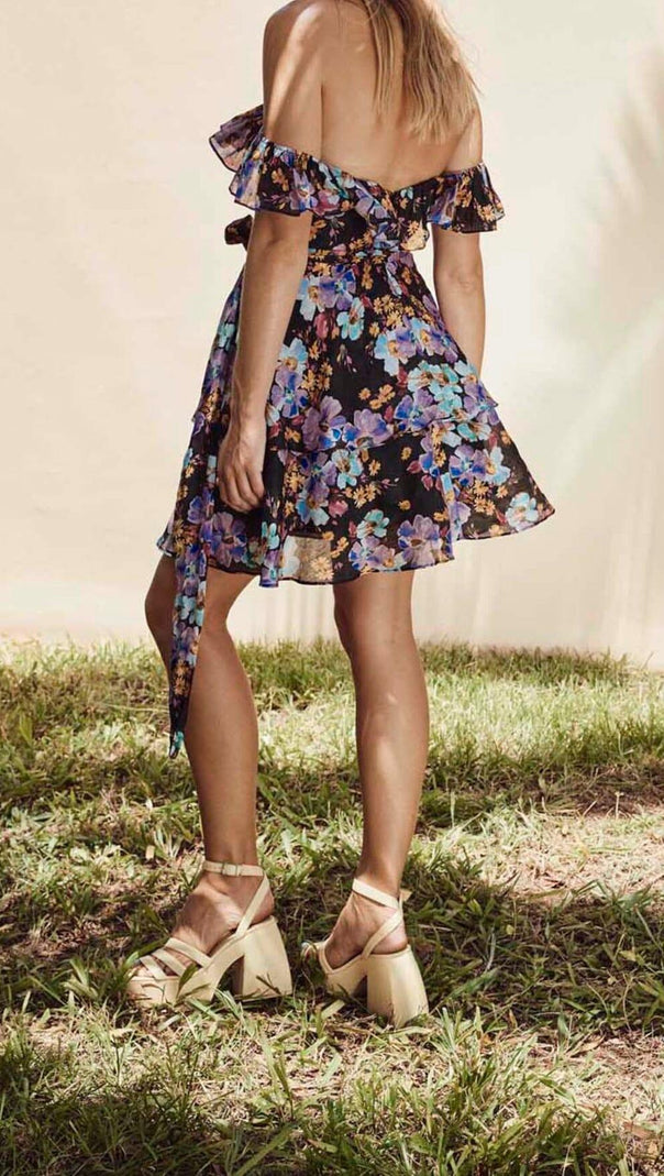 AIIZIE FLORAL-PRINT OFF-SHOULDER MINI DRESS IN PURPLE - product image