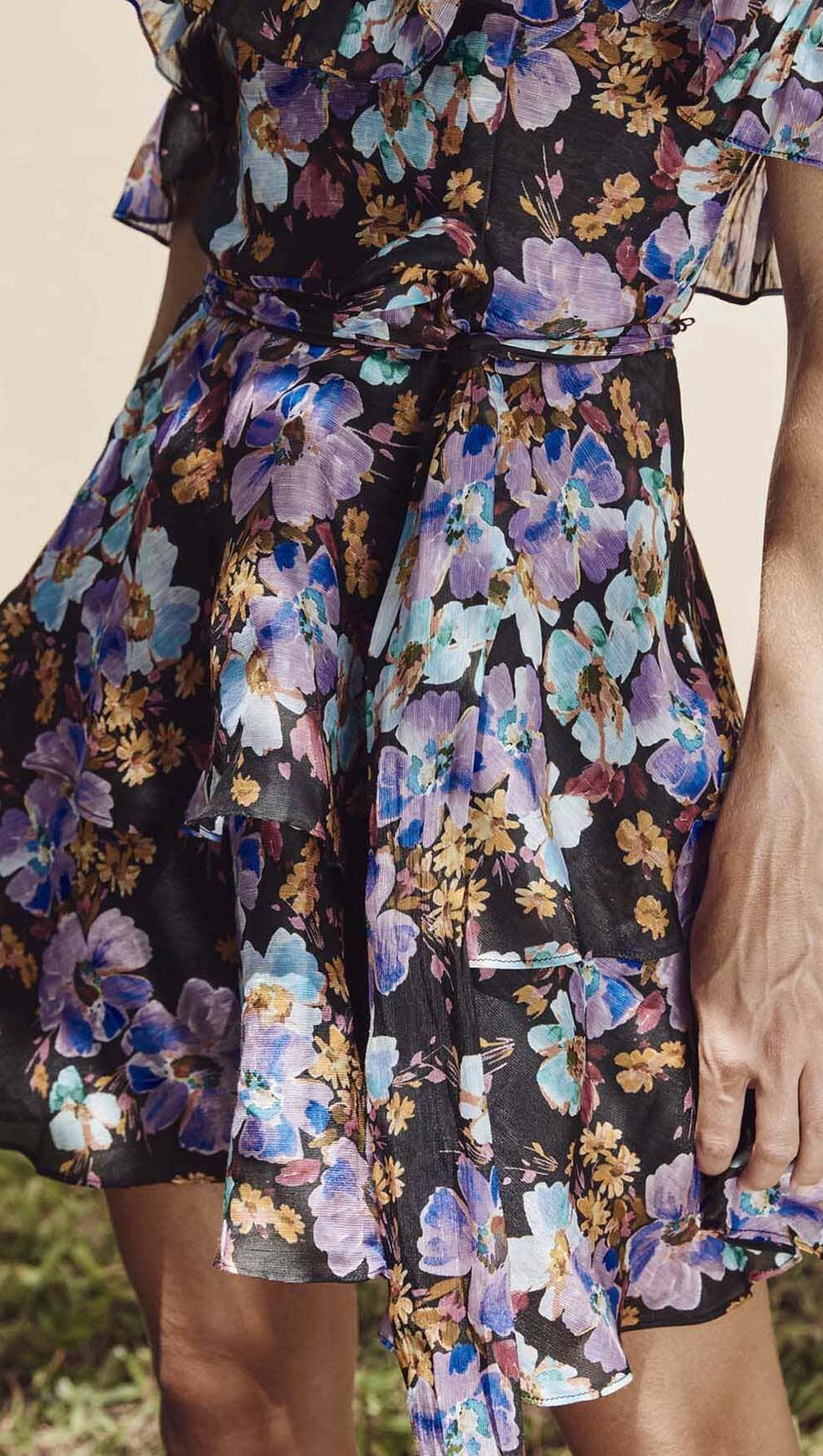 FLORAL-PRINT OFF-SHOULDER MINI DRESS IN PURPLE