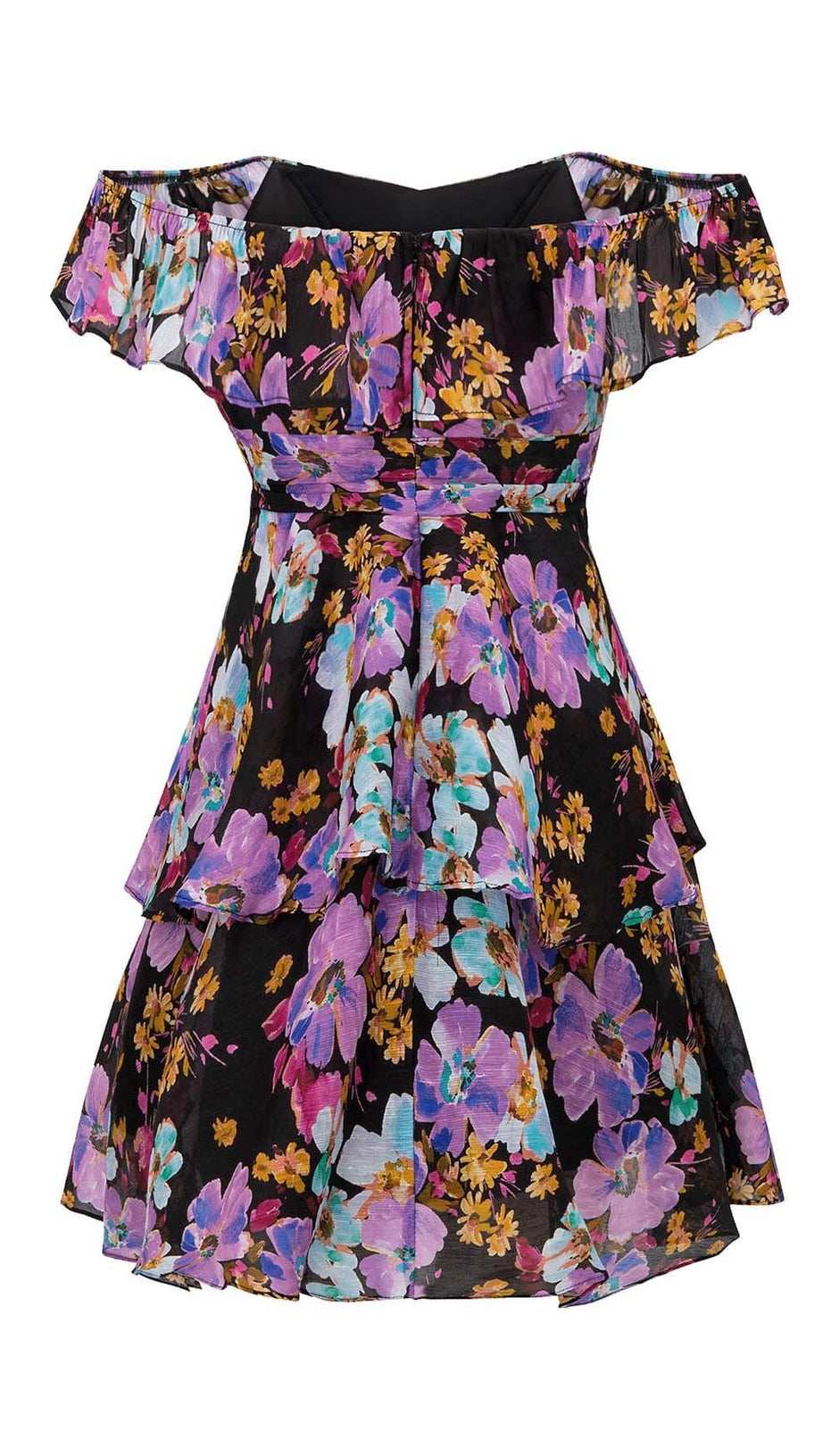 FLORAL-PRINT OFF-SHOULDER MINI DRESS IN PURPLE