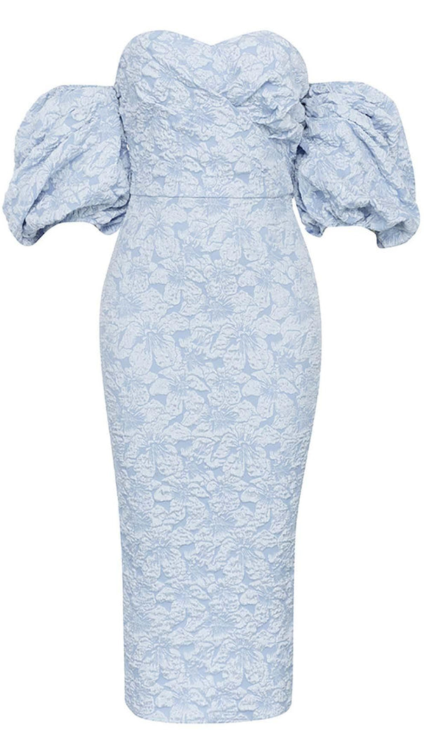 AIIZIE FLORAL-PRINT PUFF SLEEVE MIDI DRESS IN CLEAR SKY - product image
