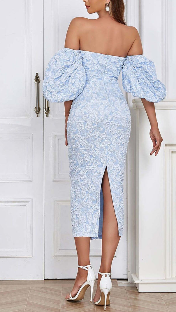 AIIZIE FLORAL-PRINT PUFF SLEEVE MIDI DRESS IN CLEAR SKY - product image