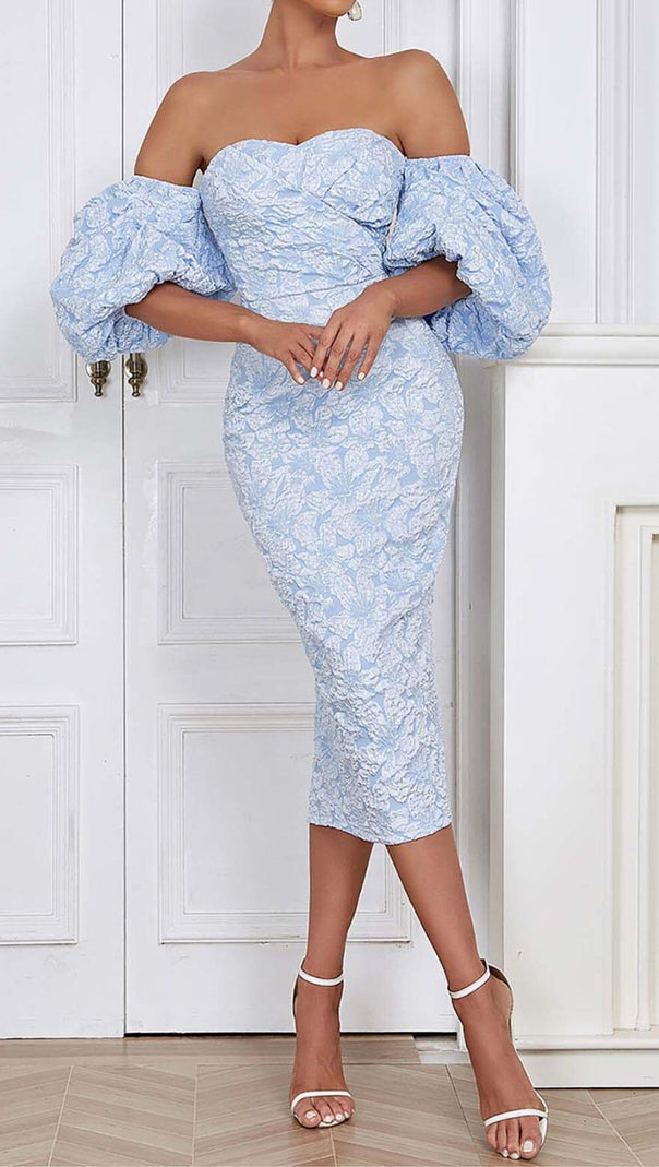 AIIZIE FLORAL-PRINT PUFF SLEEVE MIDI DRESS IN CLEAR SKY - product image